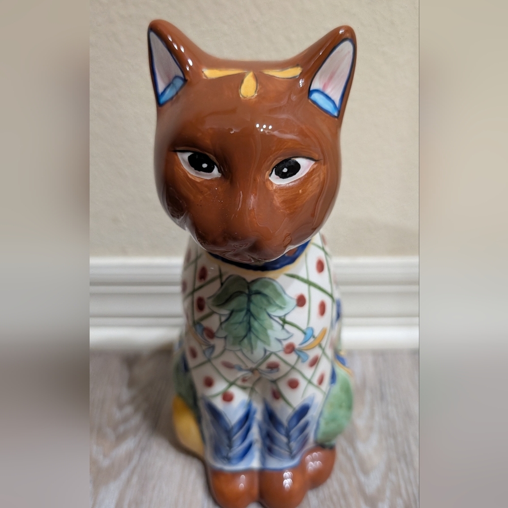 Vibrant Hand Painted Ceramic Cat Figurine - Picture 3 of 6